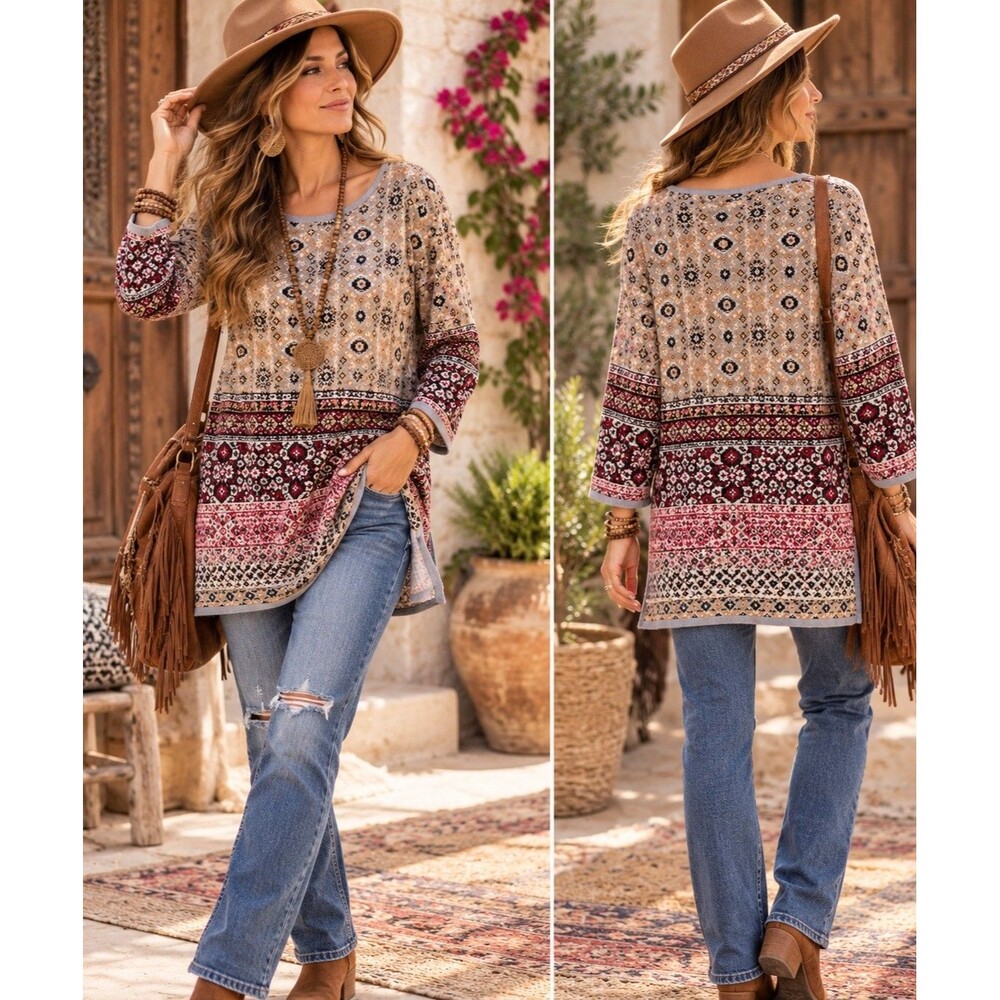 J.Jill Petite M Boho Geometric Fair Isle Sweater 55% Linen Cotton Multicolor